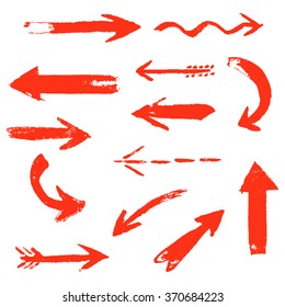 Set of hand drawing comic red arrows. Colorful hand painting design elements. Vector collection on transparent background.