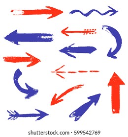 Set of hand drawing comic red and blue arrows. Colorful hand painting design elements. Vector hand drawing pointer and cursor collection.