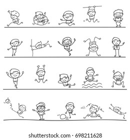 Set of hand drawing cute boys playing line art. abstract happy people. happiness concept and illustration