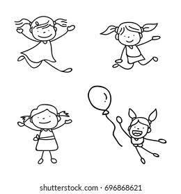 Set of hand drawing cute girls line art. abstract happy people. happiness concept and illustration