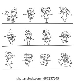 Set of hand drawing cute girls line art. abstract happy people. happiness concept and illustration