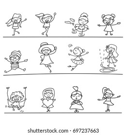 Set of hand drawing cute girls line art. abstract happy people. happiness concept and illustration