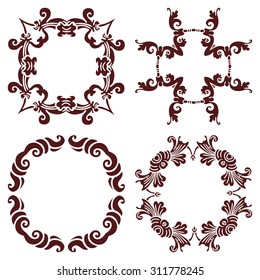 Set hand drawing decorative frame, silhouette in marsala color. Italian majolica style Vector illustration. The best for your design, textiles, posters, tattoos, corporate identity