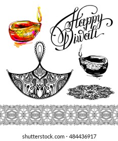 set hand drawing design element for Diwali celebration - indian fire festival, vector illustration