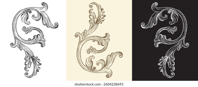 Set of hand drawing design elements. Vector isolated illustration. Vintage decorative baroque monogram, architectural detail in old fashioned style for decoration, cards, wedding, print and design