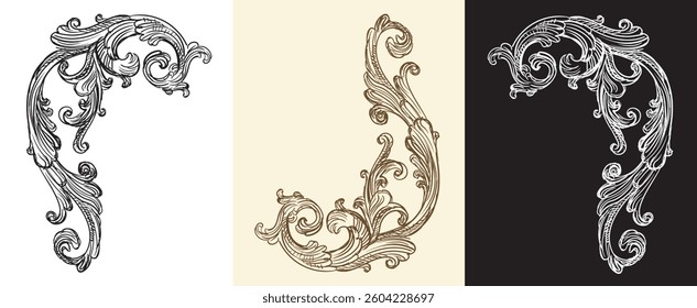 Set of hand drawing design elements. Vector isolated illustration. Vintage decorative baroque monogram, architectural detail in old fashioned style for decoration, cards, wedding, print and design