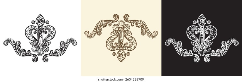 Set of hand drawing design elements. Vector isolated illustration. Vintage decorative baroque monogram, architectural detail in old fashioned style for decoration, cards, wedding, print and design