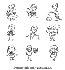 Set of hand drawing doodle happy kids cartoon character abstract people match stick style vector illustration art and graphic decoration