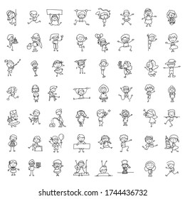 Juego de dibujos a mano doodle niños felices caricatura personajes abstractos concuerdan con el estilo de palo ilustraciones vectoriales arte y decoración gráfica