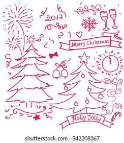 Set hand drawing doodle New Year element. Vector illustration isolated on white background. Holiday bright pink decor.