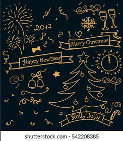 Set hand drawing doodle New Year element. Vector illustration isolated on black background. Holiday gold decor.