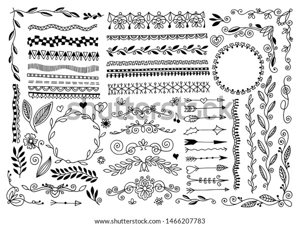 set of hand drawing\
doodle page divider, border, corner in doodle floral style, vector\
illustration