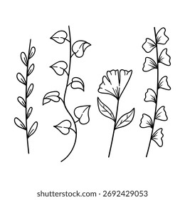 Set of Hand Drawing Doodle Wild Plants and Leaves Line Art. Simple Botanical Sketch Collection
