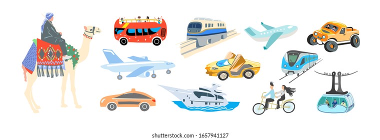 set of hand drawing flat style transport - various means of transportation, vector illustration collection