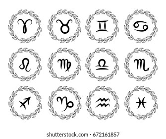 Set of hand drawing flat zodiac symbol in rustic floral wreath