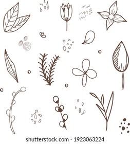 Handzeichner mit Blumen und Blättern. Monochrome Vektorgrafiken im Skizzenstil.