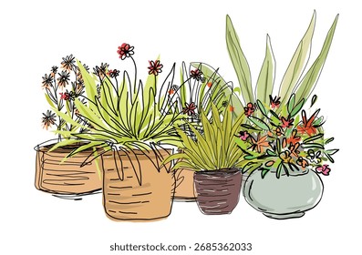 Conjunto de flores de dibujo a mano en el diseño de ilustración de pote.eps