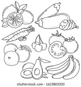 Set of hand drawing fruits and vegetables; black and white vector illustration; doodle illustrations for stickers, posters, seasonal design. 