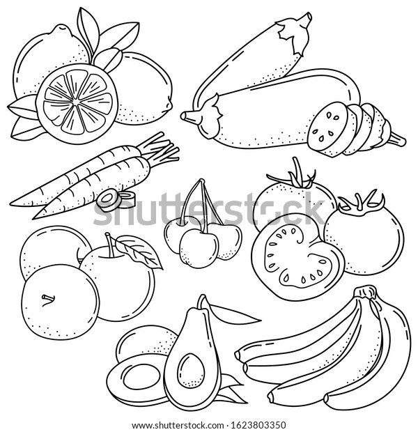 Set Hand Drawing Fruits Vegetables Black Stock Vector (Royalty Free ...