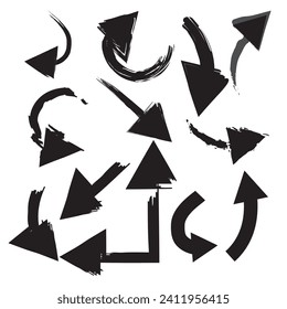Set of hand drawing grunge bold arrows. Charcoal hand drawing design elements isolated on transparent. Vector collection.
