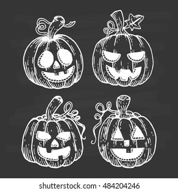 set of hand drawing halloween pumpkin on chalkboard background