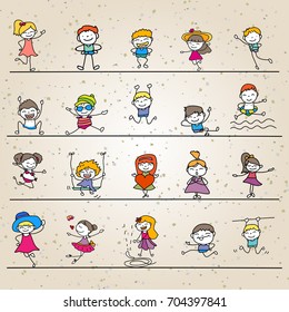 Handzeichner glückliche süße Kinder Line Kunst. Abstrakte Menschen. Glückskonzept und Illustration