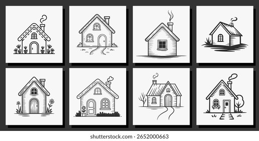Set of a Hand drawing a house silhouette vector with a white background