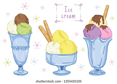 set hand drawing Ice cream in glass vases  isolated on white background