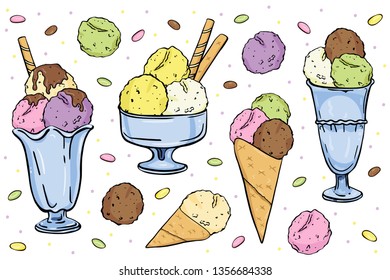 set hand drawing Ice cream in glass vases  isolated on white background
