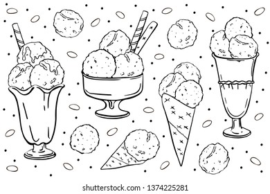 set hand drawing Ice cream in glass vases black outline  isolated on white background