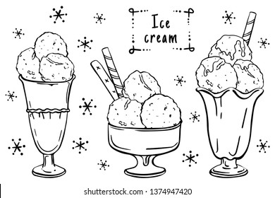 set hand drawing Ice cream in glass vases black outline isolated on white background