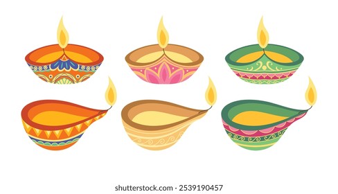 Set of Hand drawing illustration vector Diwali diya, the oil lamps, colorful Indian candles. Element for the traditional Indian festival of lights.. Flat clip art in different perspective