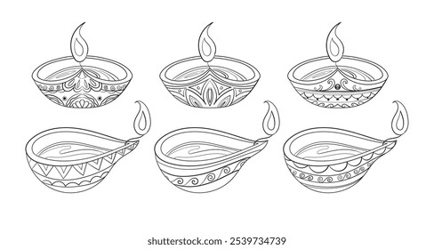 Set of Hand drawing illustration vector line art, Diwali diya, the oil lamps, colorful Indian candles. Element for the traditional Indian festival of lights.. Flat clip art outline for colouring book