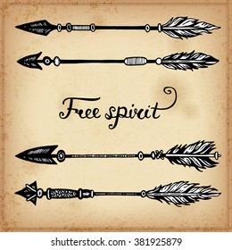 Set of hand drawing ink elements of arrows and arrows. Vector illustration.  Set of doodle tribal arrows. Elements in native style for greeting card and postcard, henna and tattoo design.