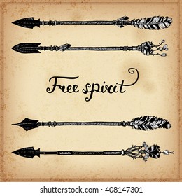 Set of hand drawing ink elements of arrows and arrows. Vector illustration. Set of doodle tribal arrows. Elements in native style for greeting card and postcard, henna and tattoo design.