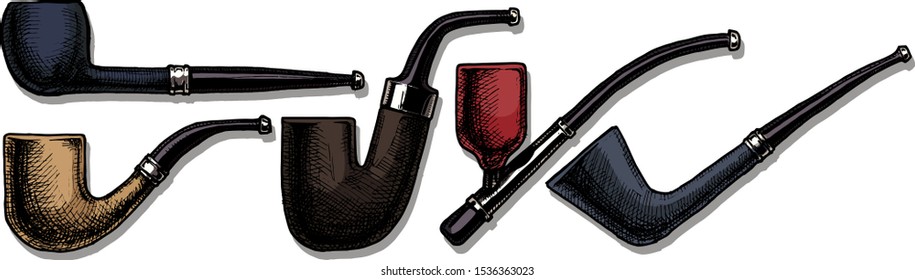 Set of hand drawing ink Tobacco Pipes. Vector illustration. vintage pipe. Engraving style. Pipe shapes: apple, bent billiard, hungarian (Oom Paul), cavalier, dublin. 
