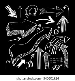 set of hand drawing isolated arrows collection on black background for advertising and business presentations, design elements vector illustration