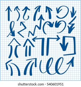set of hand drawing isolated arrows collection on lined sheet of paper background for advertising and business presentations, design elements vector illustration