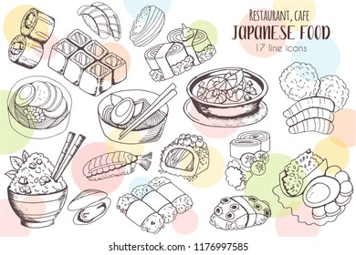 Set of hand drawing Japanese food line icons, black and white sketches, design elements for restaurant menu, cafe, vector illustration 