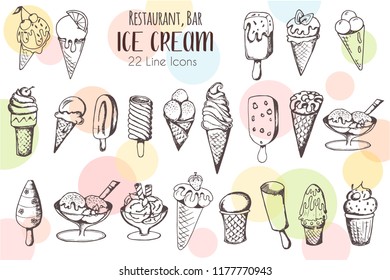 Set of hand drawing line of ice cream icons, design elements for restaurant menu, cafe, sketches, vector illustration