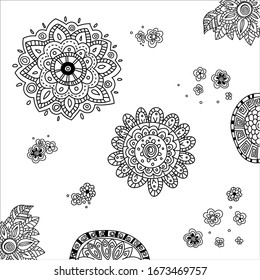 Dibujo manual Mandala, Flores, Esquina y adorno lateral en estilo étnico oriental. Elementos decorativos de época para el yoga, el mehendi, el tatuaje, el libro de colores.
