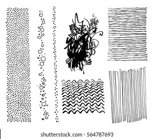 set of hand drawing marker hipster trendy textures and brushes, artistic collections - line, wavy, point, abstract background, vector illustration
