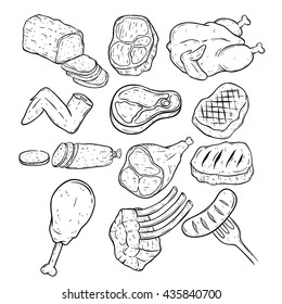 Set of hand drawing meat on white background