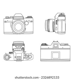 Set of hand drawing old SLR vintage film photo camera. Different four view shot - front, rear, side and top. Isolated doodle vector illustration