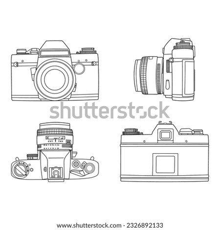 Set of hand drawing old SLR vintage film photo camera. Different four view shot - front, rear, side and top. Isolated doodle vector illustration