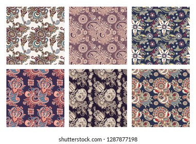 set of hand drawing ornate seamless flower paisley design background, kalamkari ethnic style