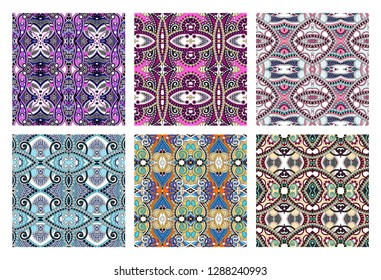 set of hand drawing ornate seamless flower paisley design background, kalamkari ethnic style