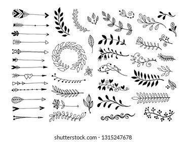 set of hand drawing page dividers borders and arrow, doodle floral design elements, vector illustration collection