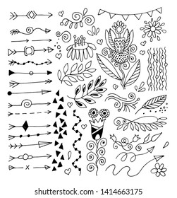 set of hand drawing page dividers borders and arrow, doodle floral design elements, vector illustration collection