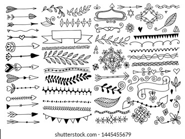 conjunto de bordes y flecha de página de dibujo manual, elementos de diseño floral de doodle, colección de ilustraciones vectoriales